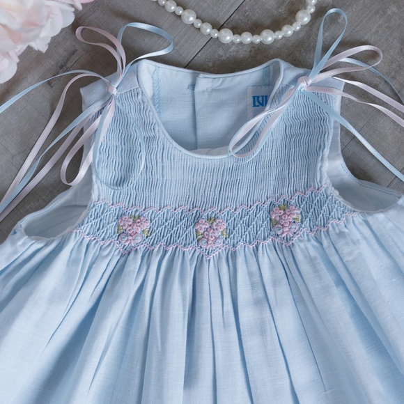 Smocked Linen Sundress Blue size 9 Months Luli & Me Embroidery Summer Vacation - Picture 2 of 5